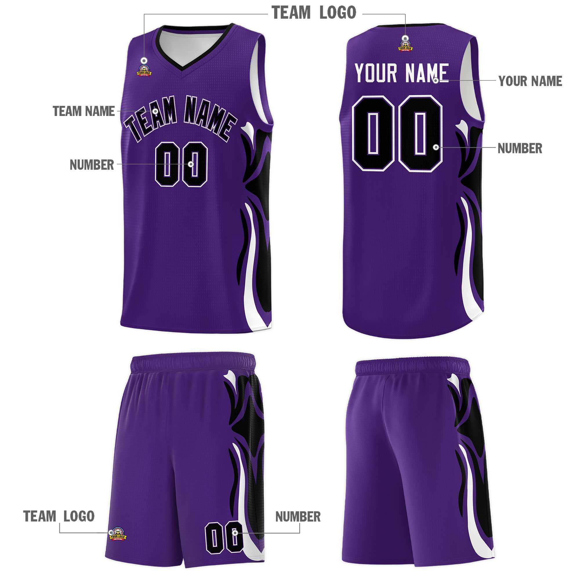 Custom Purple Black-White Graffiti Pattern Side Curve Pattern Sports Uniform Basketball Jersey Sets