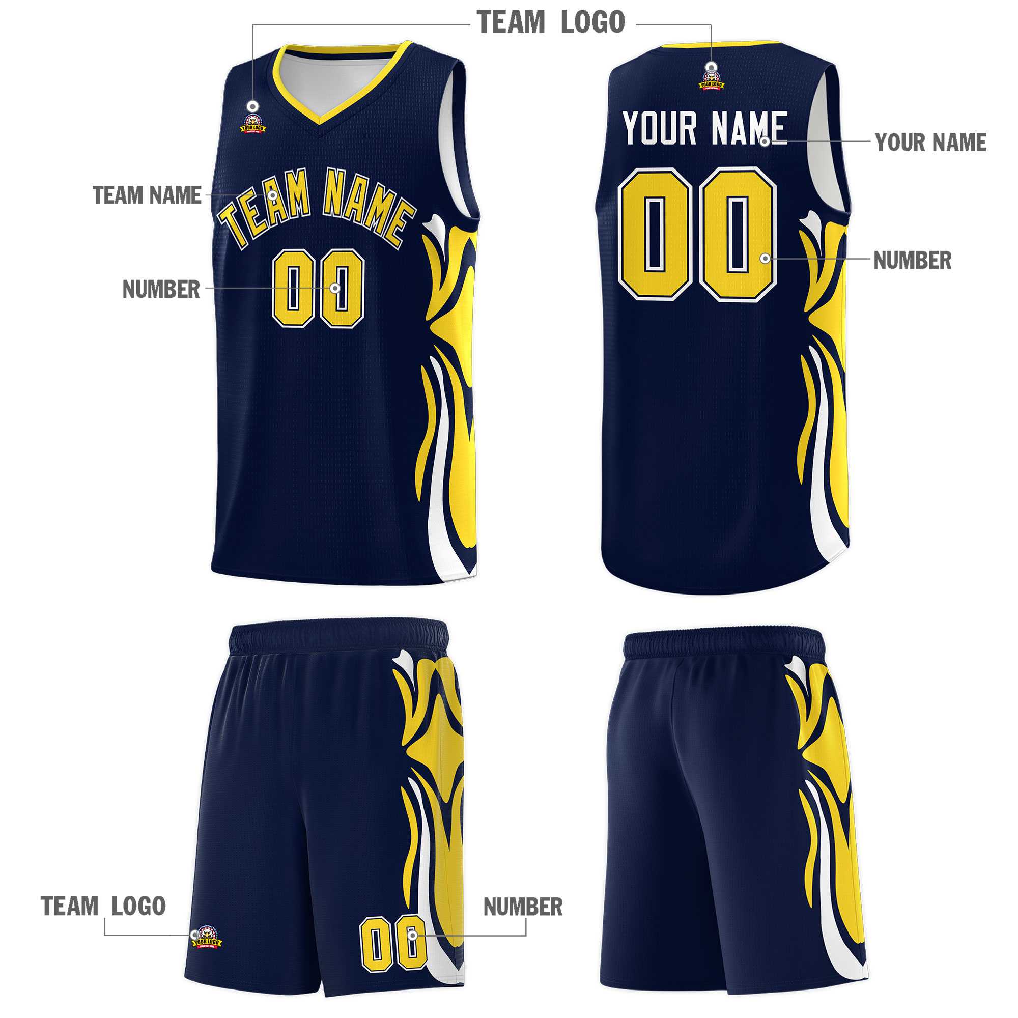 Custom Navy Gold-White Graffiti Pattern Side Curve Pattern Sports Uniform Basketball Jersey Sets