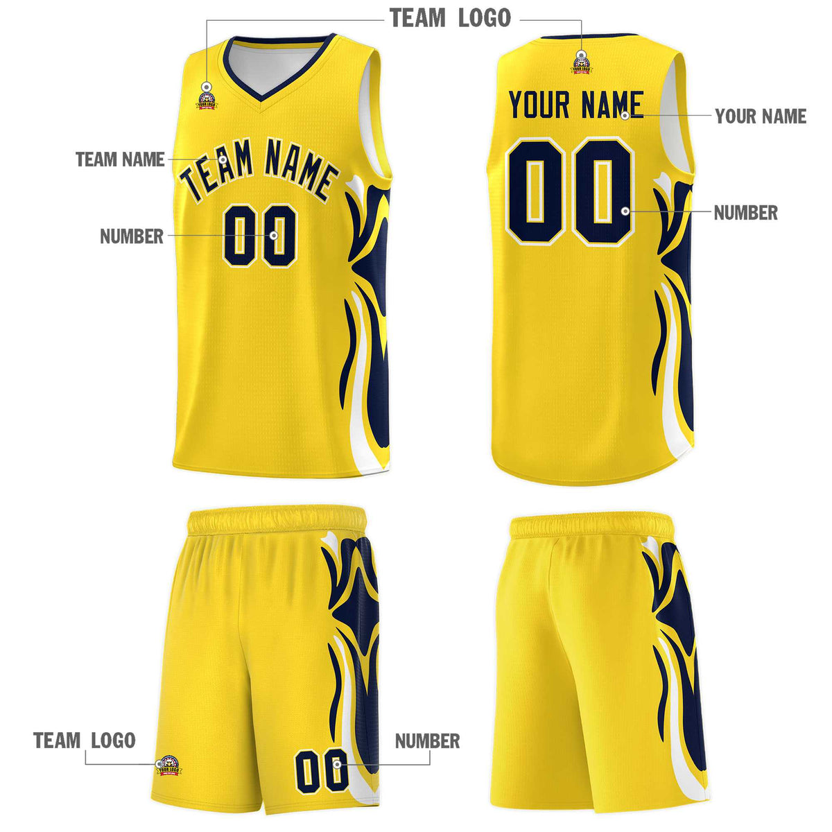 Custom Gold Navy-White Graffiti Pattern Side Curve Pattern Sports Uniform Basketball Jersey Sets