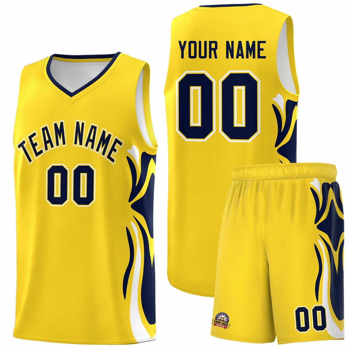 Custom Gold Navy-White Graffiti Pattern Side Curve Pattern Sports Uniform Basketball Jersey Sets