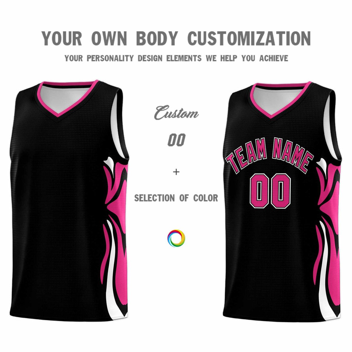 Custom Black Pink-White Graffiti Pattern Side Curve Pattern Sports Uniform Basketball Jersey Sets