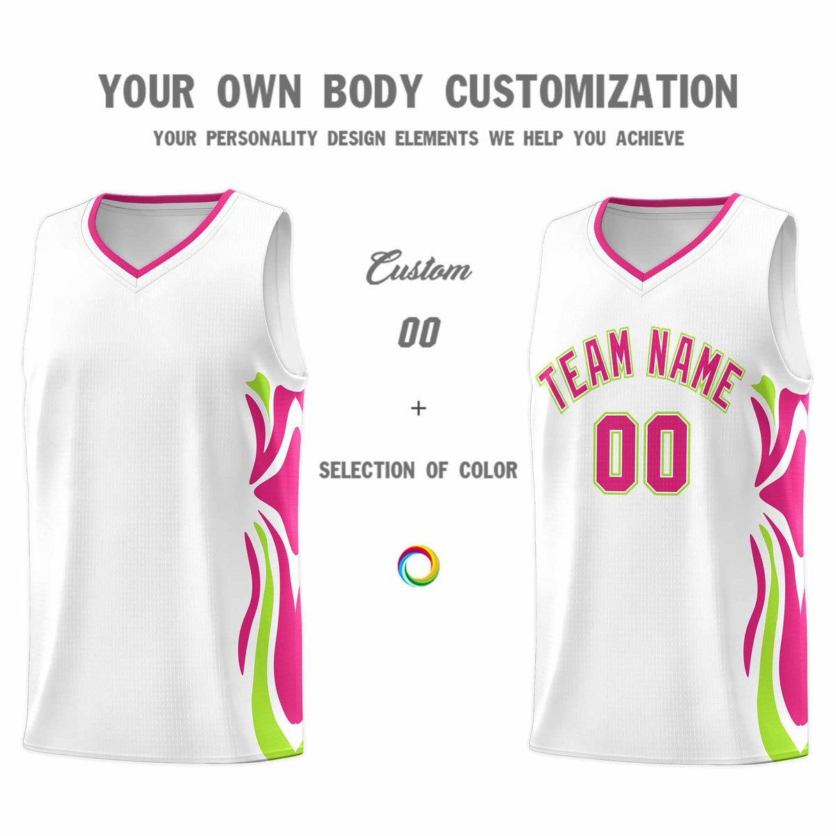 Custom White Pink-Light Green Graffiti Pattern Side Curve Pattern Sports Uniform Basketball Jersey Sets