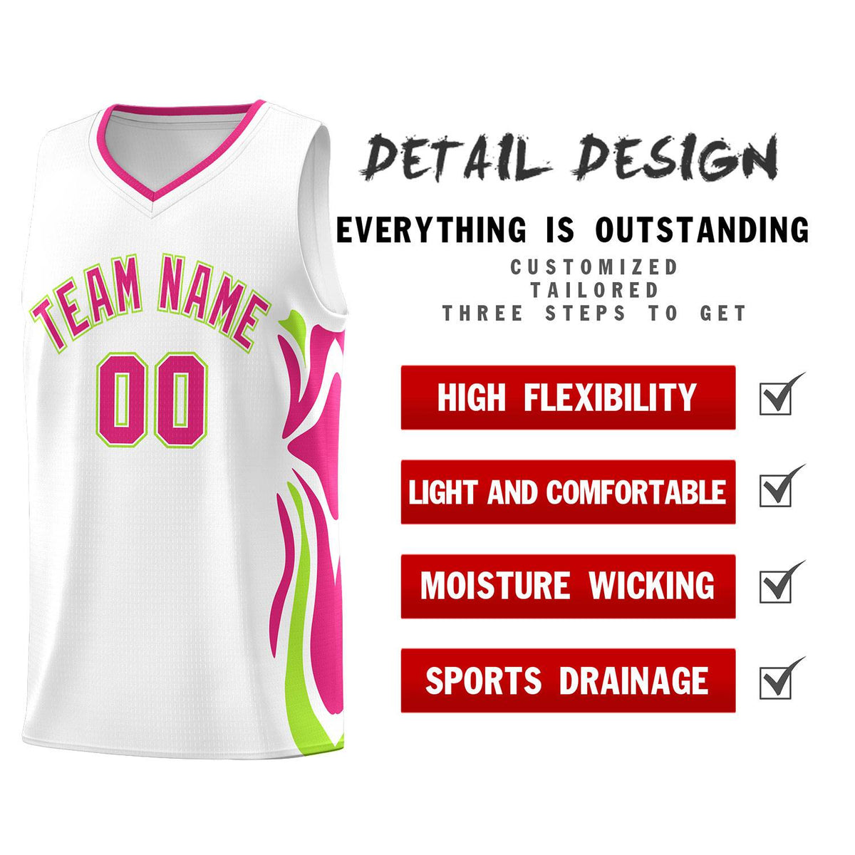 Custom White Pink-Light Green Graffiti Pattern Side Curve Pattern Sports Uniform Basketball Jersey Sets