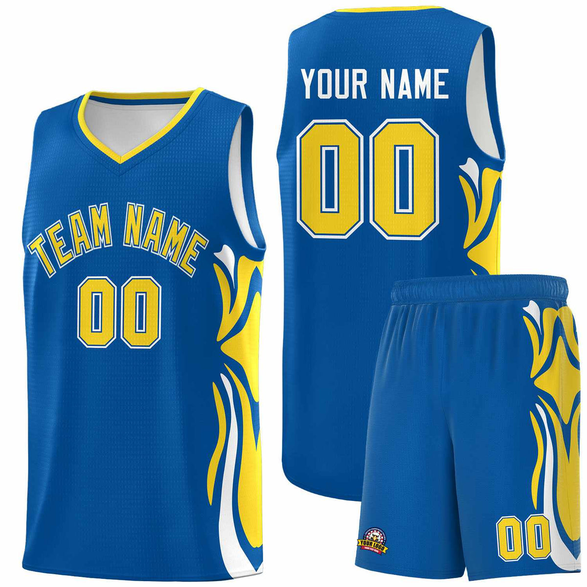 Custom Royal Gold-White Graffiti Pattern Side Curve Pattern Sports Uniform Basketball Jersey Sets