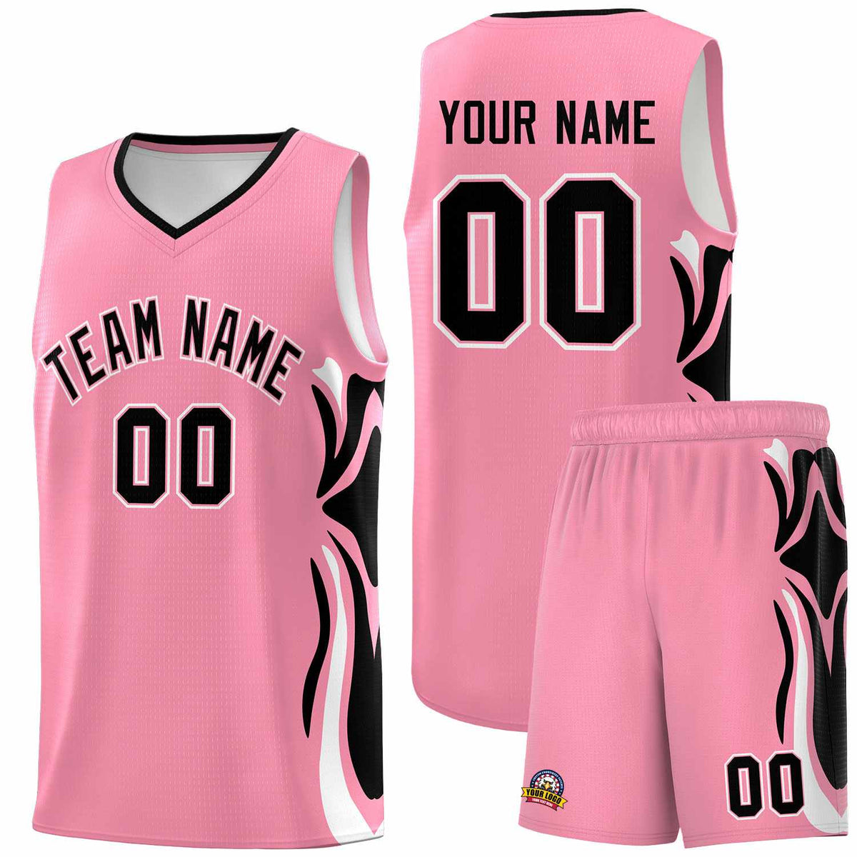 Custom Light Pink Black-White Graffiti Pattern Side Curve Pattern Sports Uniform Basketball Jersey Sets