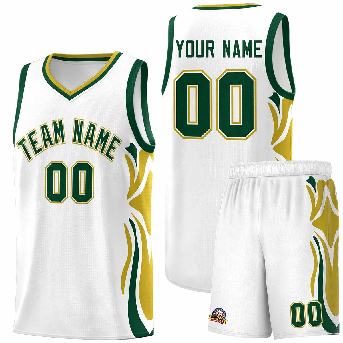 Custom White Green-Old Gold Graffiti Pattern Side Curve Pattern Sports Uniform Basketball Jersey Sets