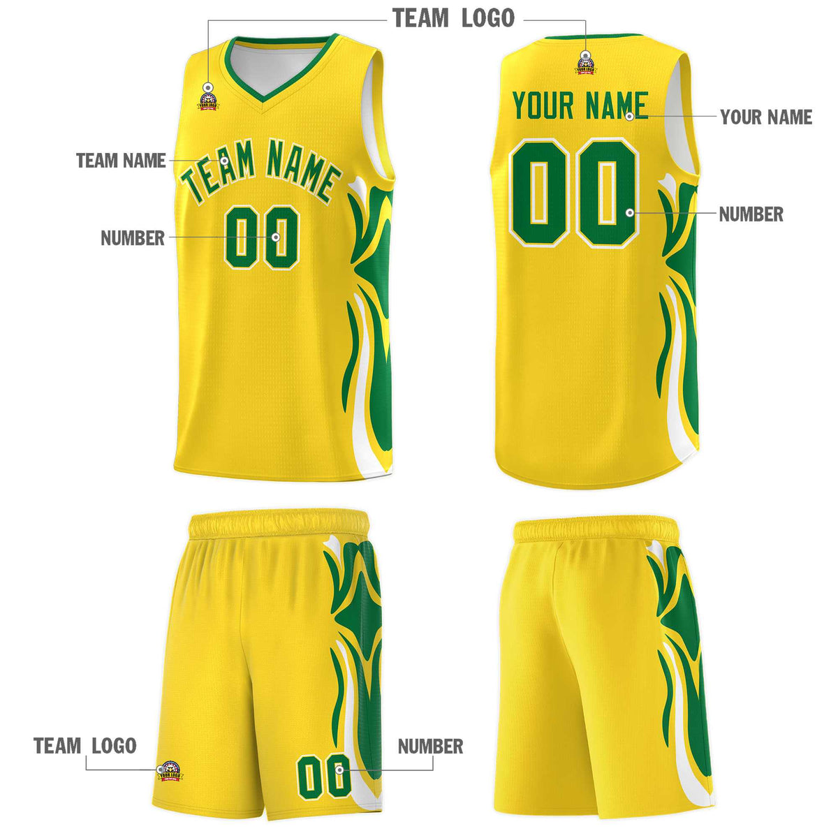 Custom Gold Kelly Green-White Graffiti Pattern Side Curve Pattern Sports Uniform Basketball Jersey Sets