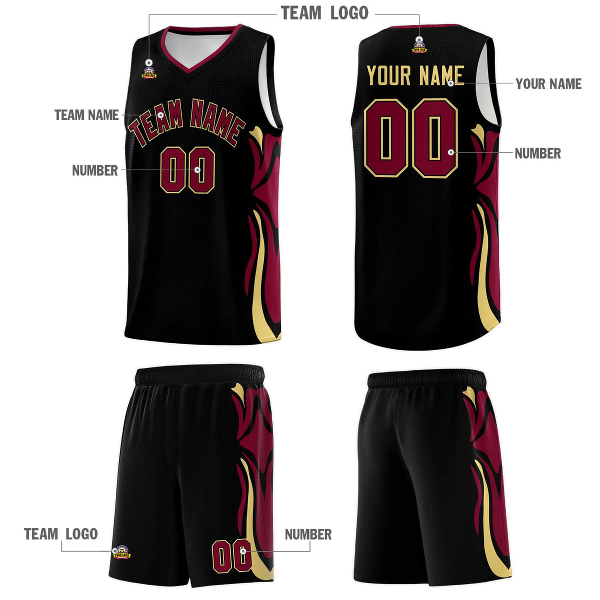 Custom Black Crimson-Khaki Graffiti Pattern Side Curve Pattern Sports Uniform Basketball Jersey Sets