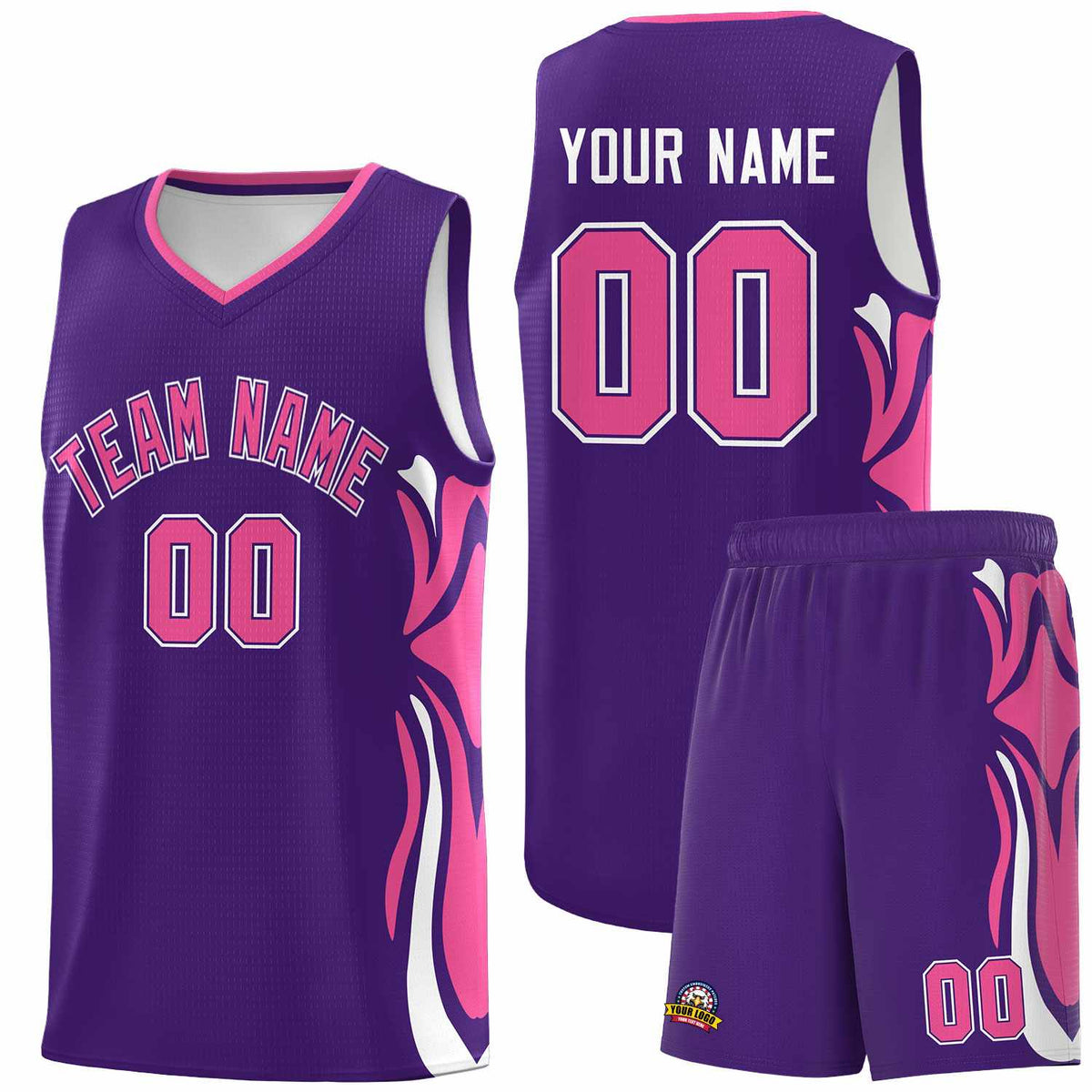 Custom Purple Pink-White Graffiti Pattern Side Curve Pattern Sports Uniform Basketball Jersey Sets