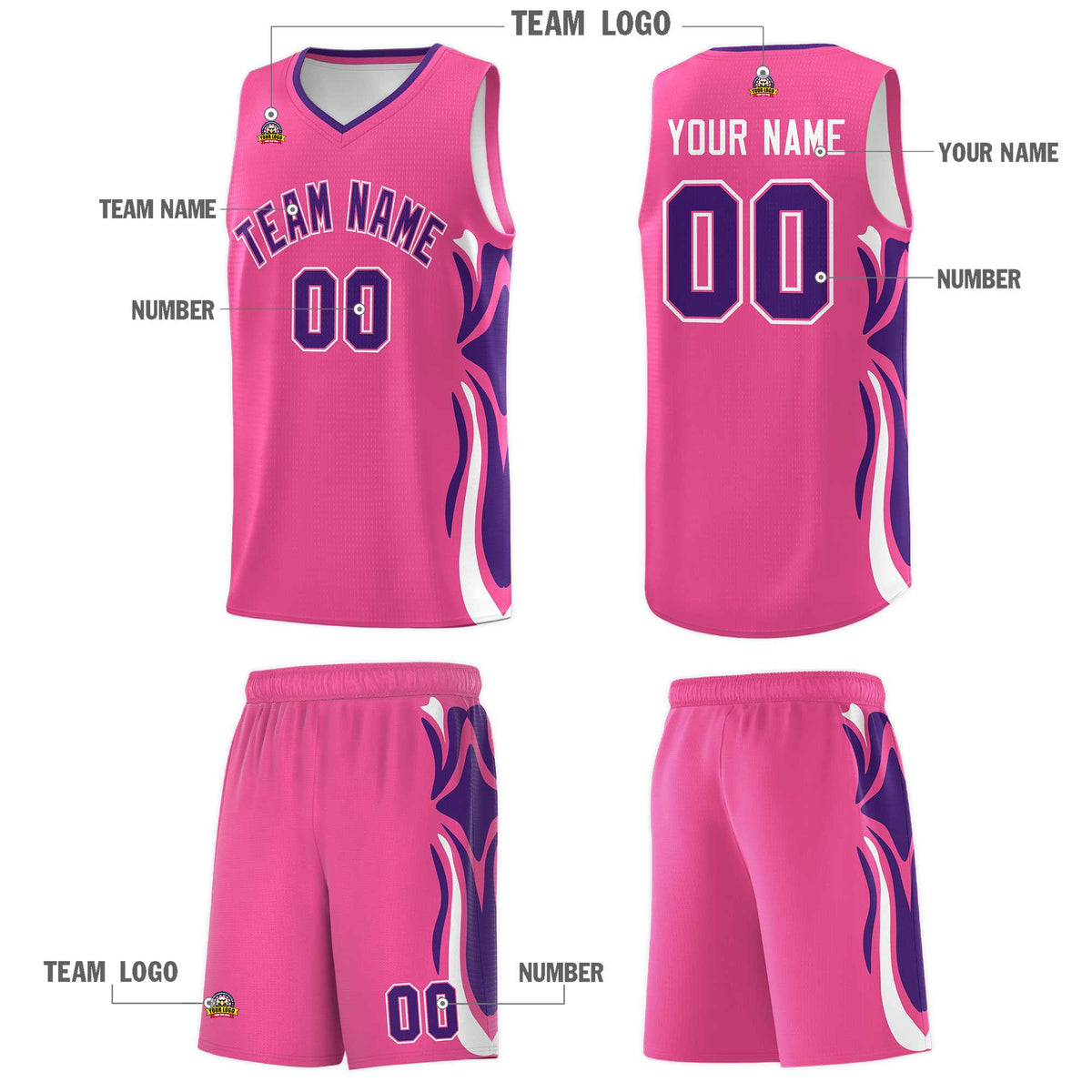 Custom Pink Purple-White Graffiti Pattern Side Curve Pattern Sports Uniform Basketball Jersey Sets
