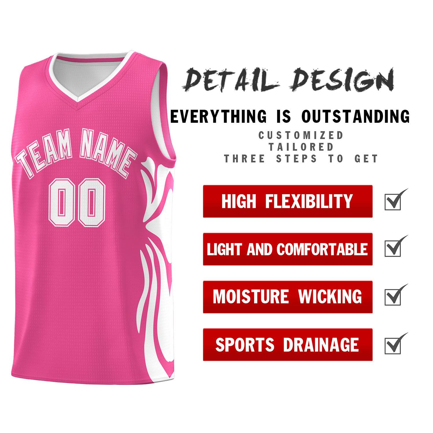 Custom Pink White-White Graffiti Pattern Side Curve Pattern Sports Uniform Basketball Jersey Sets