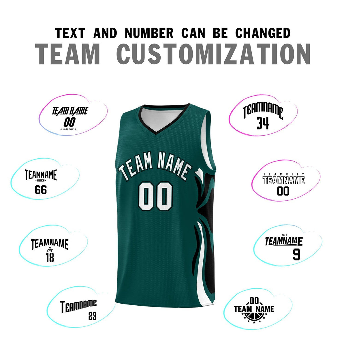 Custom Midnight Green White-Black Graffiti Pattern Side Curve Pattern Sports Uniform Basketball Jersey Sets