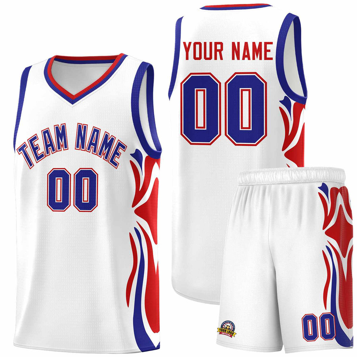 Custom White Royal-Red Graffiti Pattern Side Curve Pattern Sports Uniform Basketball Jersey Sets