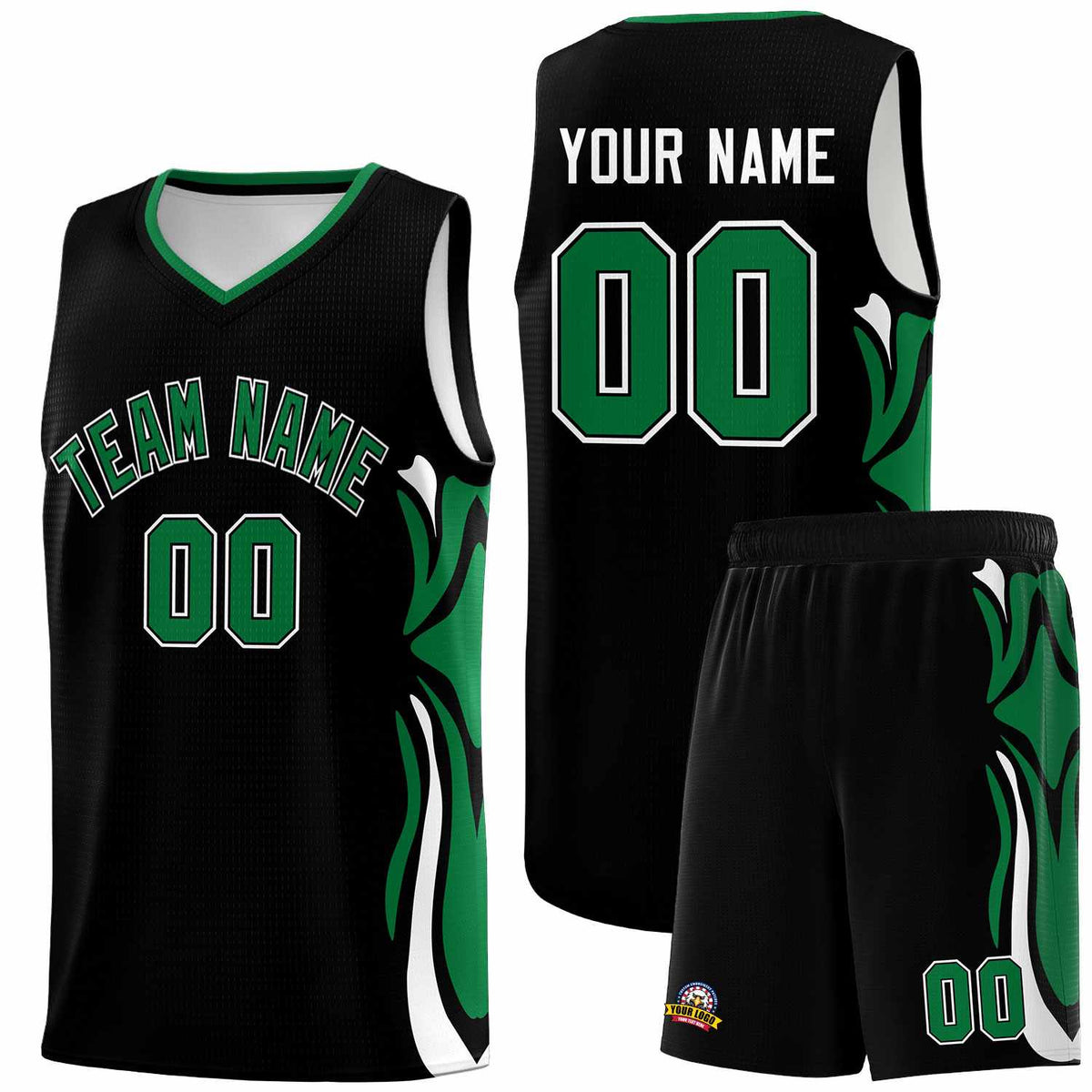 Custom Black Kelly Green-White Graffiti Pattern Side Curve Pattern Sports Uniform Basketball Jersey Sets