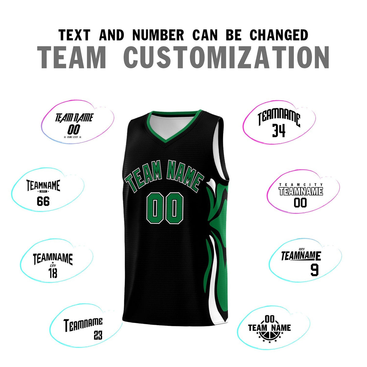 Custom Black Kelly Green-White Graffiti Pattern Side Curve Pattern Sports Uniform Basketball Jersey Sets
