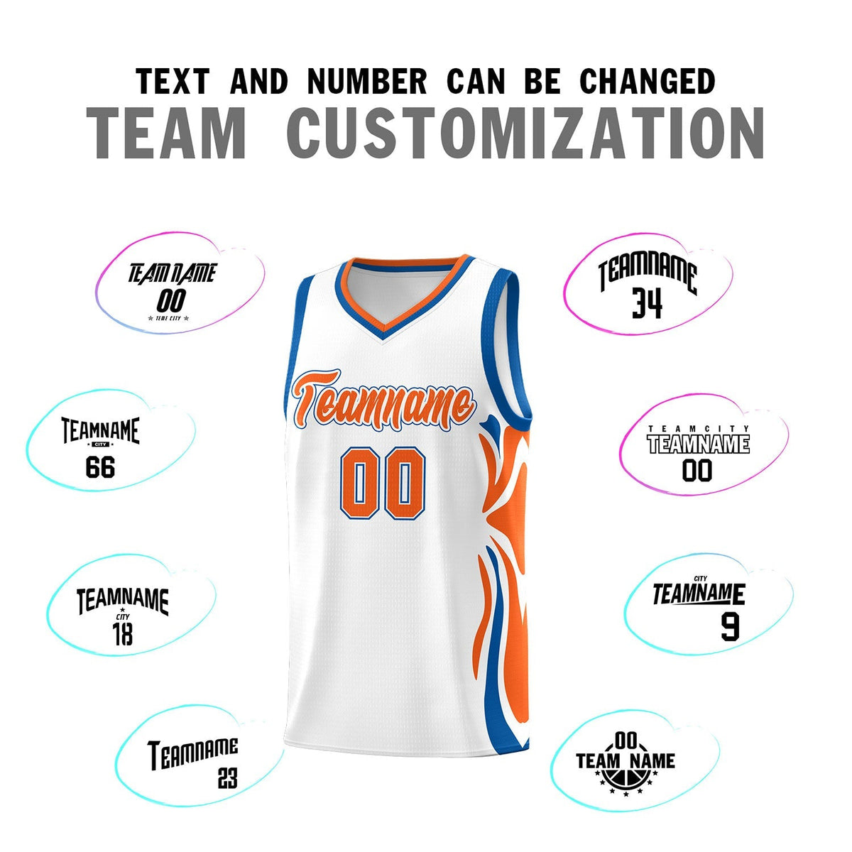Custom White Orange-Royal Graffiti Pattern Side Curve Pattern Sports Uniform Basketball Jersey Sets