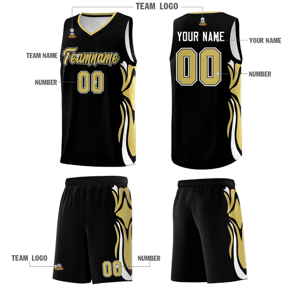 Custom Black Old Gold-White Graffiti Pattern Side Curve Pattern Sports Uniform Basketball Jersey Sets