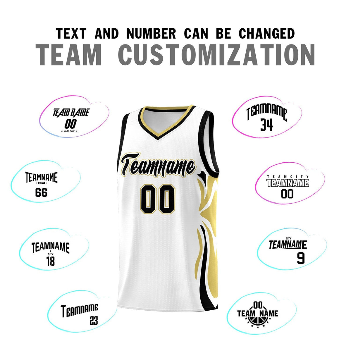 Custom White Black-Old Gold Graffiti Pattern Side Curve Pattern Sports Uniform Basketball Jersey Sets