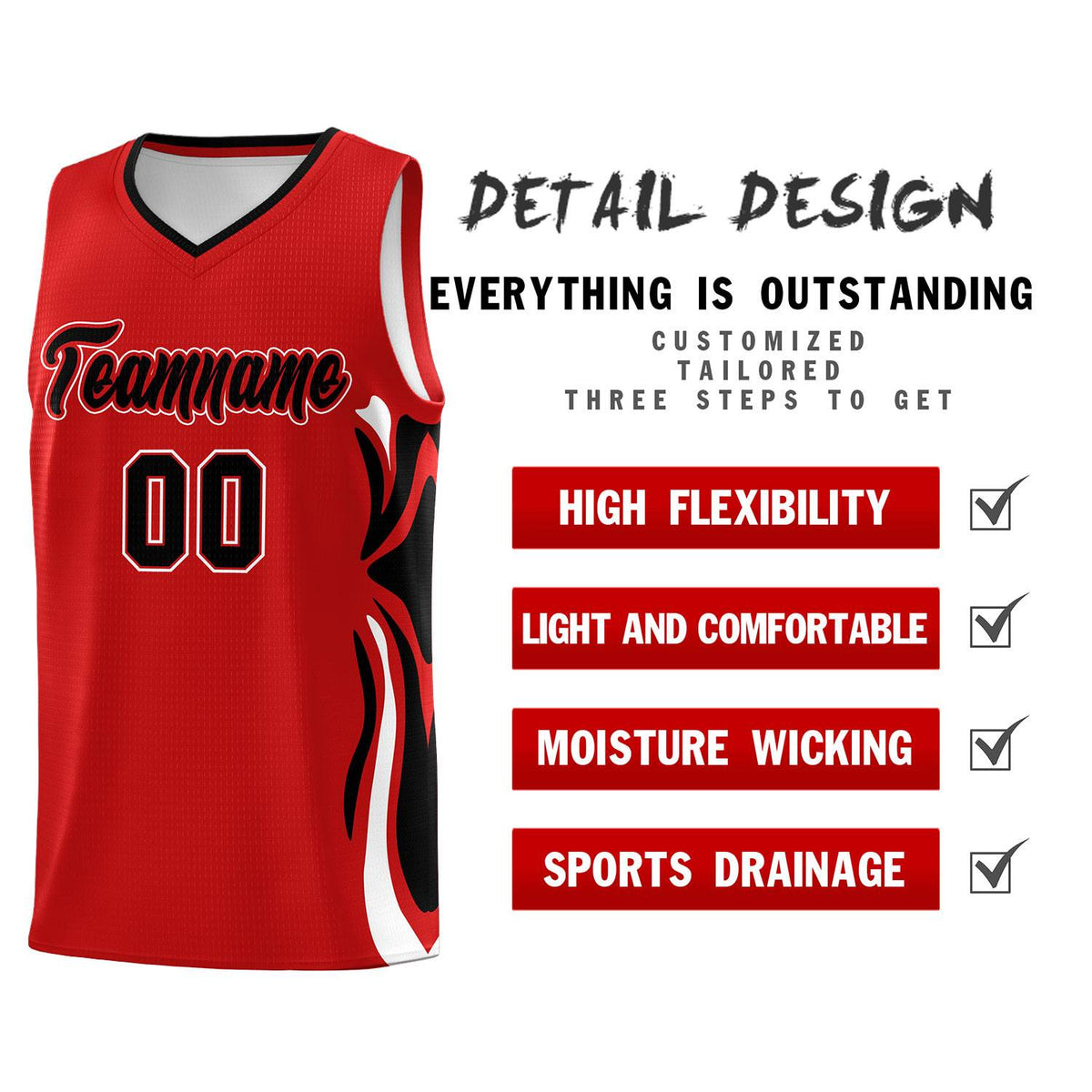 Custom Red Black-White Graffiti Pattern Side Curve Pattern Sports Uniform Basketball Jersey Sets