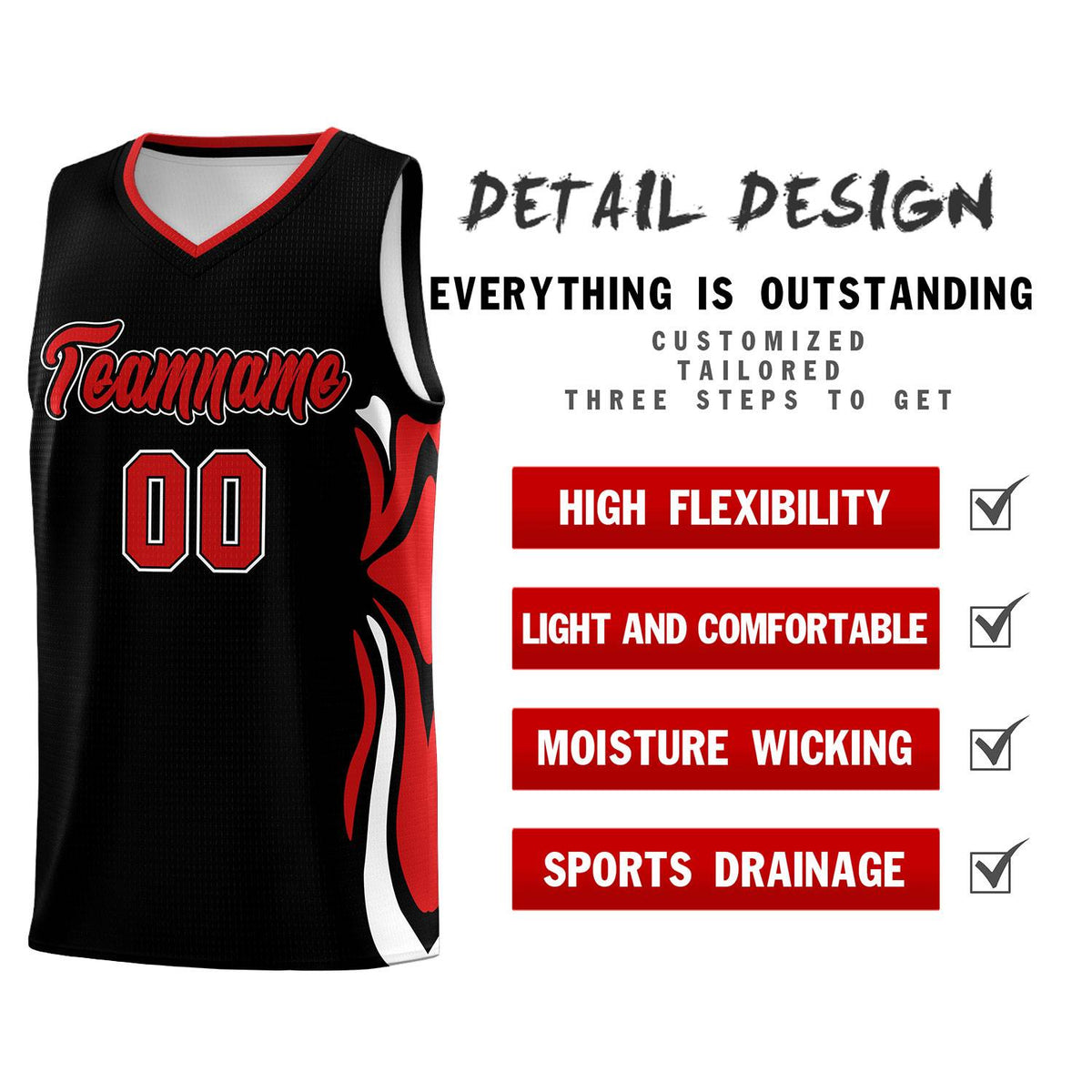 Custom Black Red-White Graffiti Pattern Side Curve Pattern Sports Uniform Basketball Jersey Sets