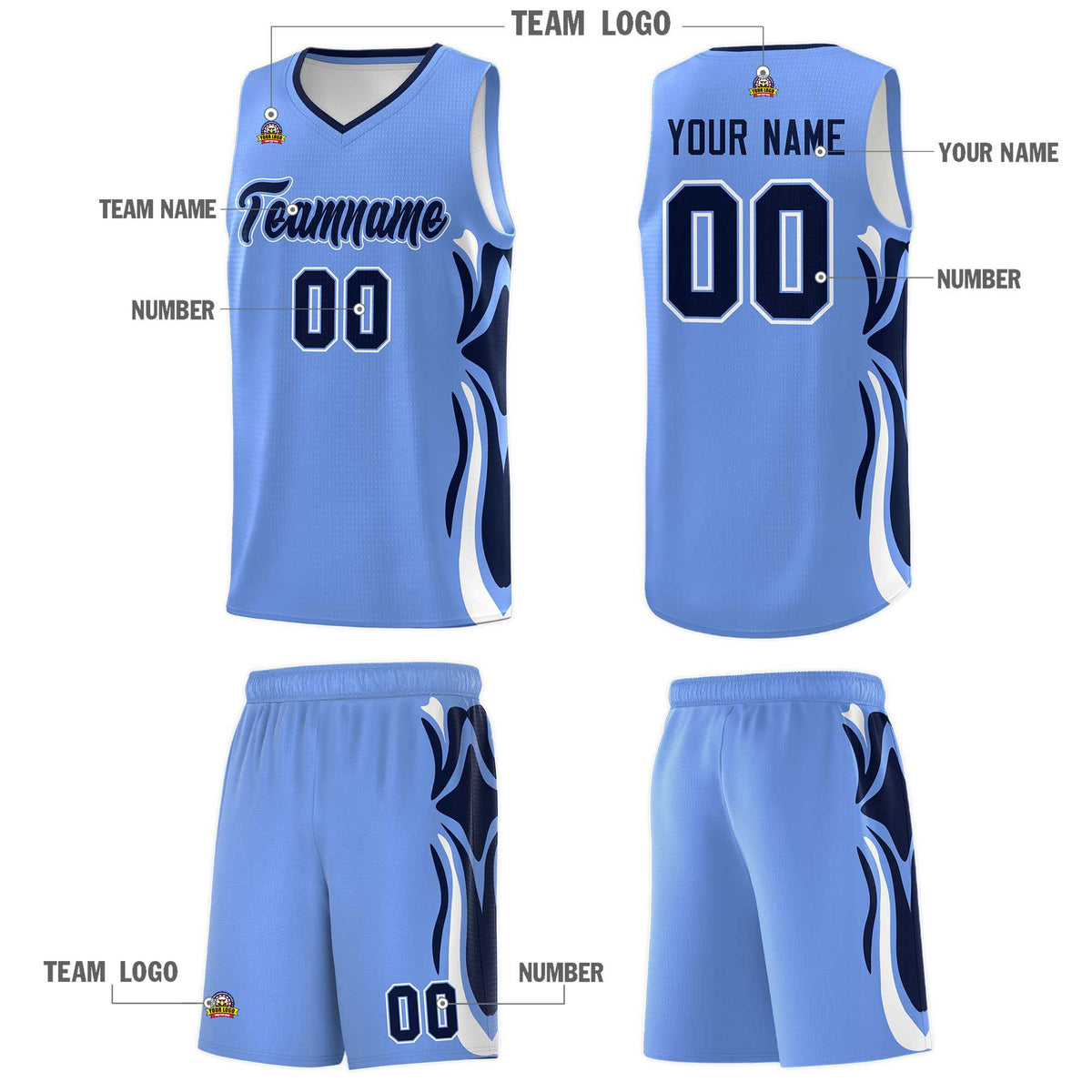 Custom Light Blue Navy-White Graffiti Pattern Side Curve Pattern Sports Uniform Basketball Jersey Sets