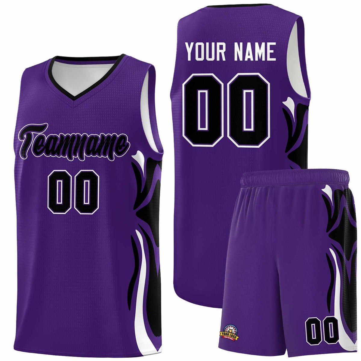 Custom Purple Black-White Graffiti Pattern Side Curve Pattern Sports Uniform Basketball Jersey Sets