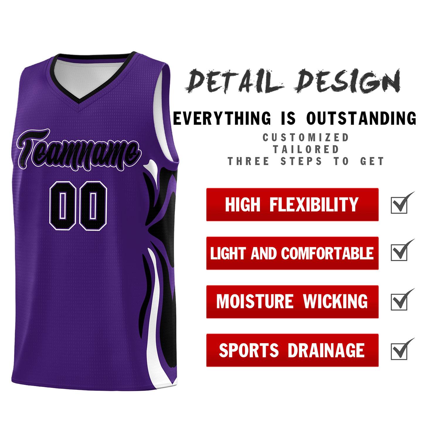 Custom Purple Black-White Graffiti Pattern Side Curve Pattern Sports Uniform Basketball Jersey Sets