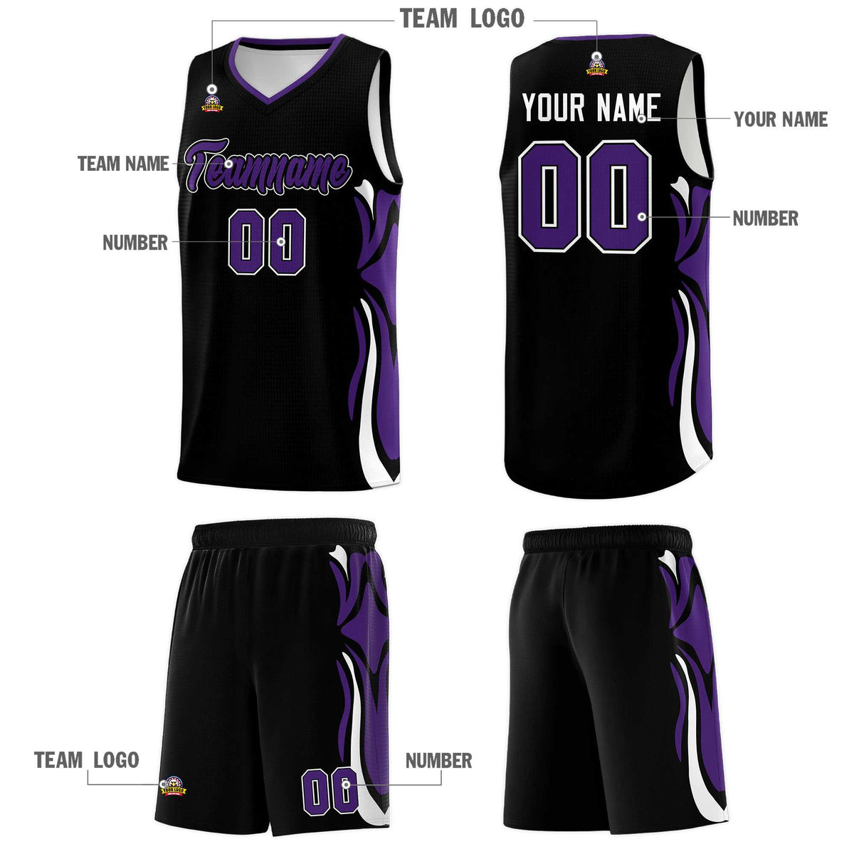 Custom Black Purple-White Graffiti Pattern Side Curve Pattern Sports Uniform Basketball Jersey Sets