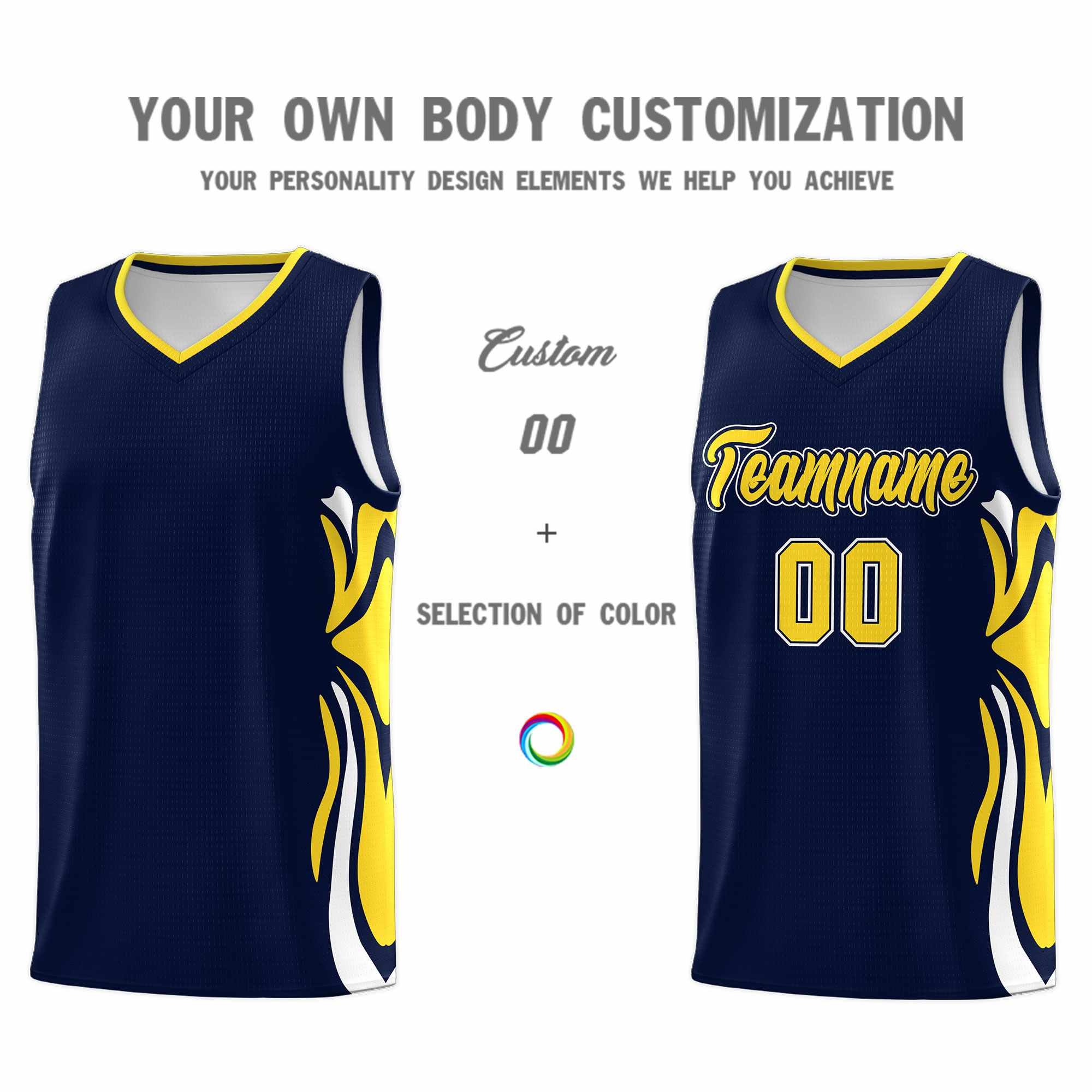 Custom Navy Gold-White Graffiti Pattern Side Curve Pattern Sports Uniform Basketball Jersey Sets