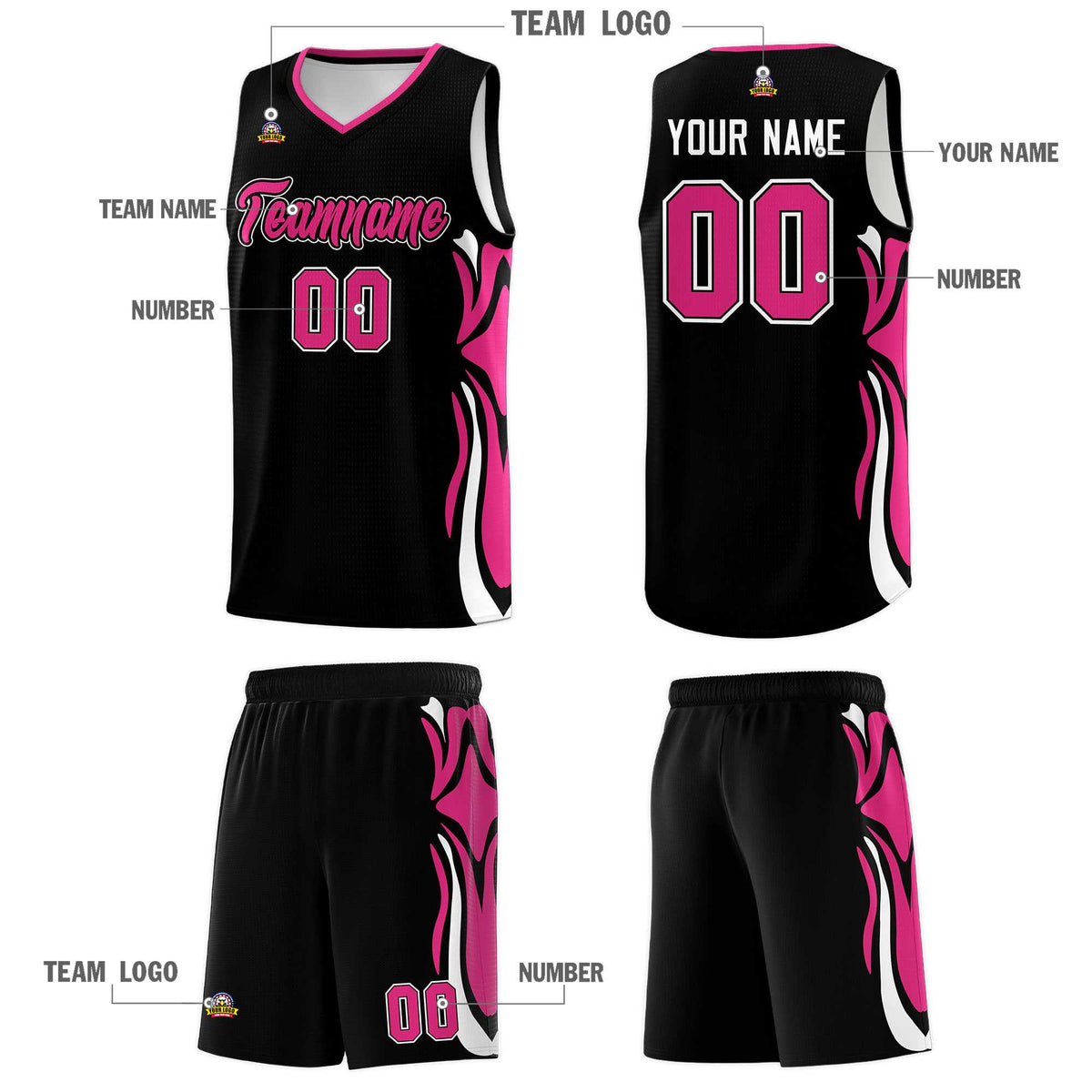 Custom Black Pink-White Graffiti Pattern Side Curve Pattern Sports Uniform Basketball Jersey Sets