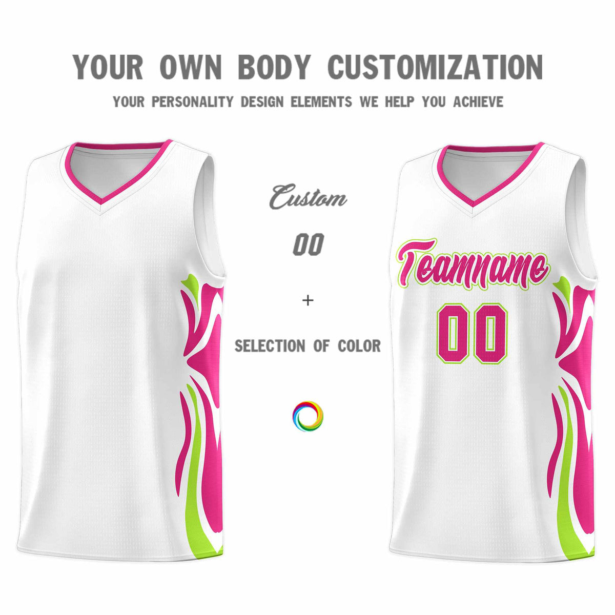 Custom White Pink-Light Green Graffiti Pattern Side Curve Pattern Sports Uniform Basketball Jersey Sets
