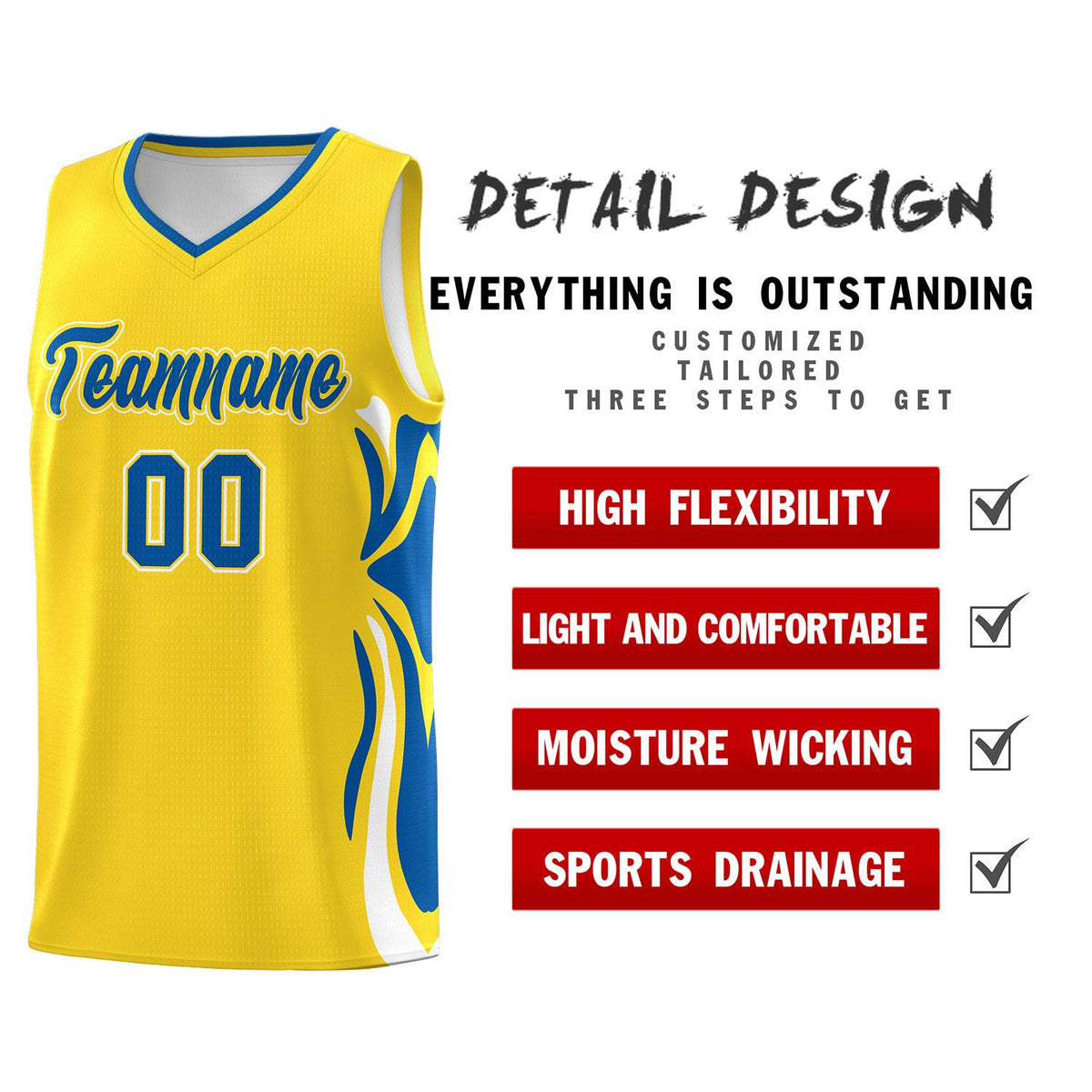Custom Gold Royal-White Graffiti Pattern Side Curve Pattern Sports Uniform Basketball Jersey Sets