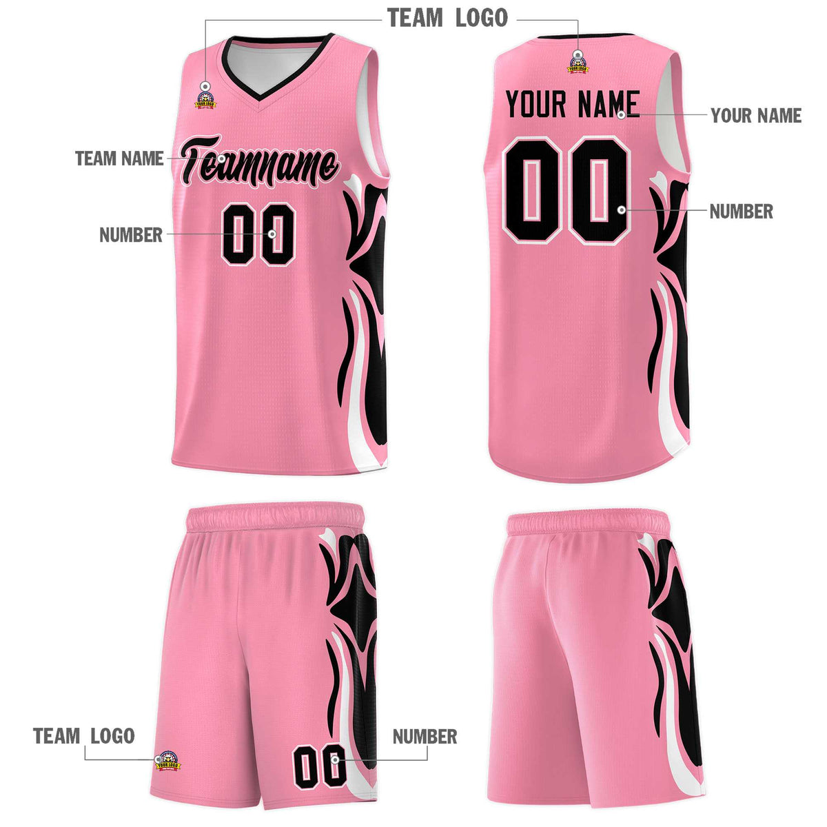 Custom Light Pink Black-White Graffiti Pattern Side Curve Pattern Sports Uniform Basketball Jersey Sets