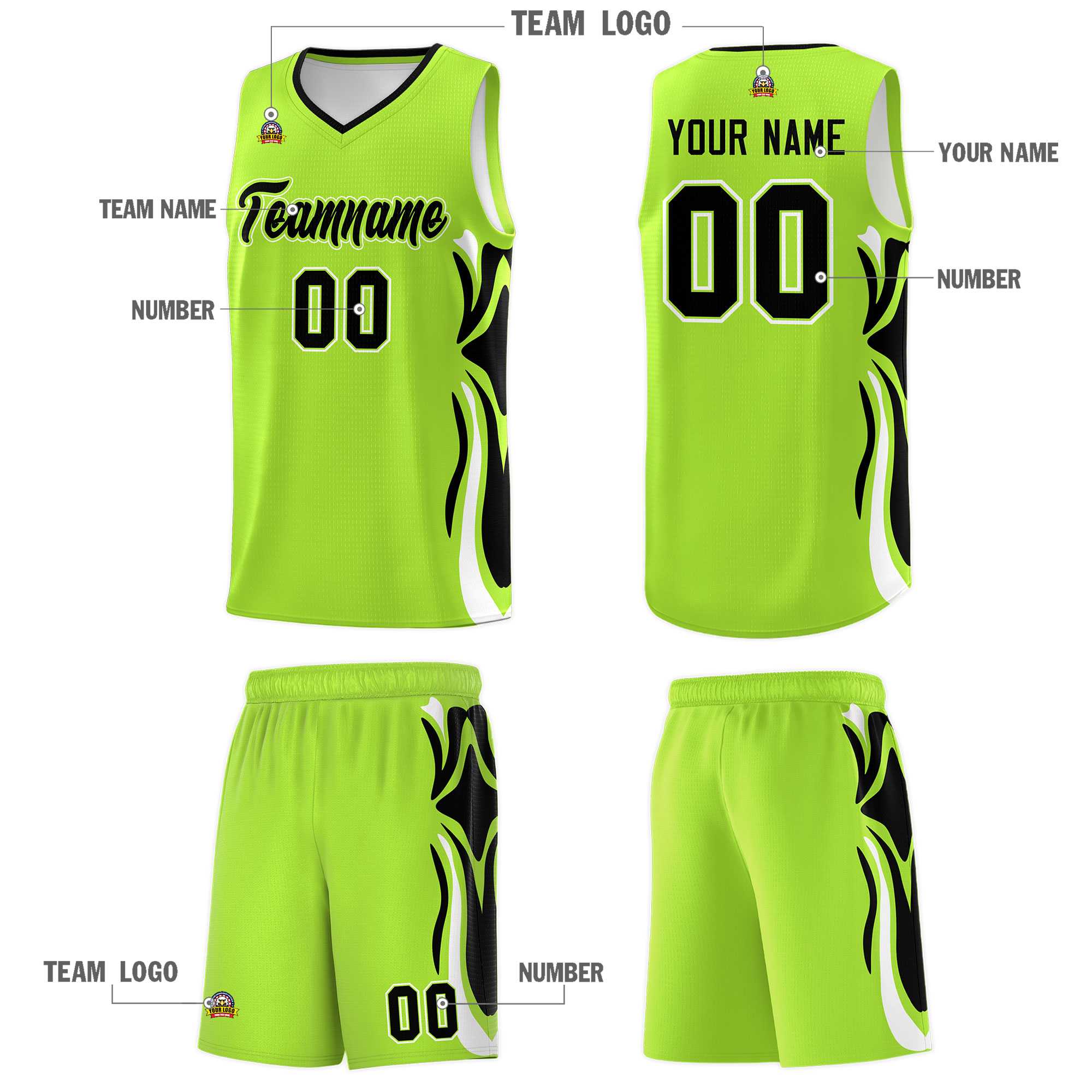Custom Light Green Black-White Graffiti Pattern Side Curve Pattern Sports Uniform Basketball Jersey Sets