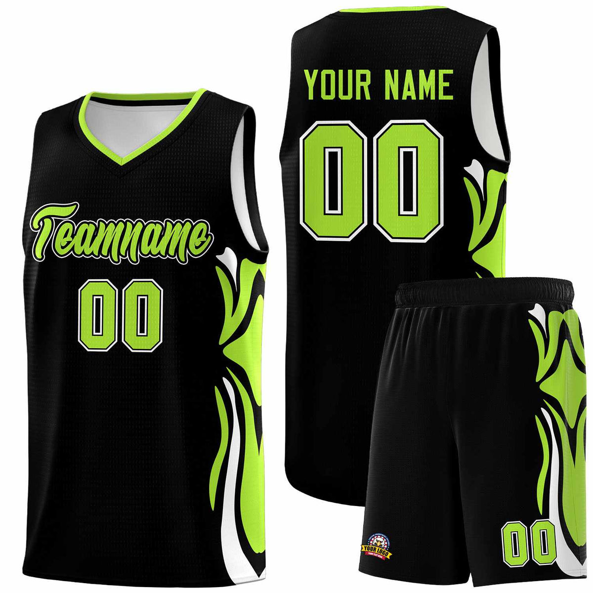 Custom Black Light Green-White Graffiti Pattern Side Curve Pattern Sports Uniform Basketball Jersey Sets