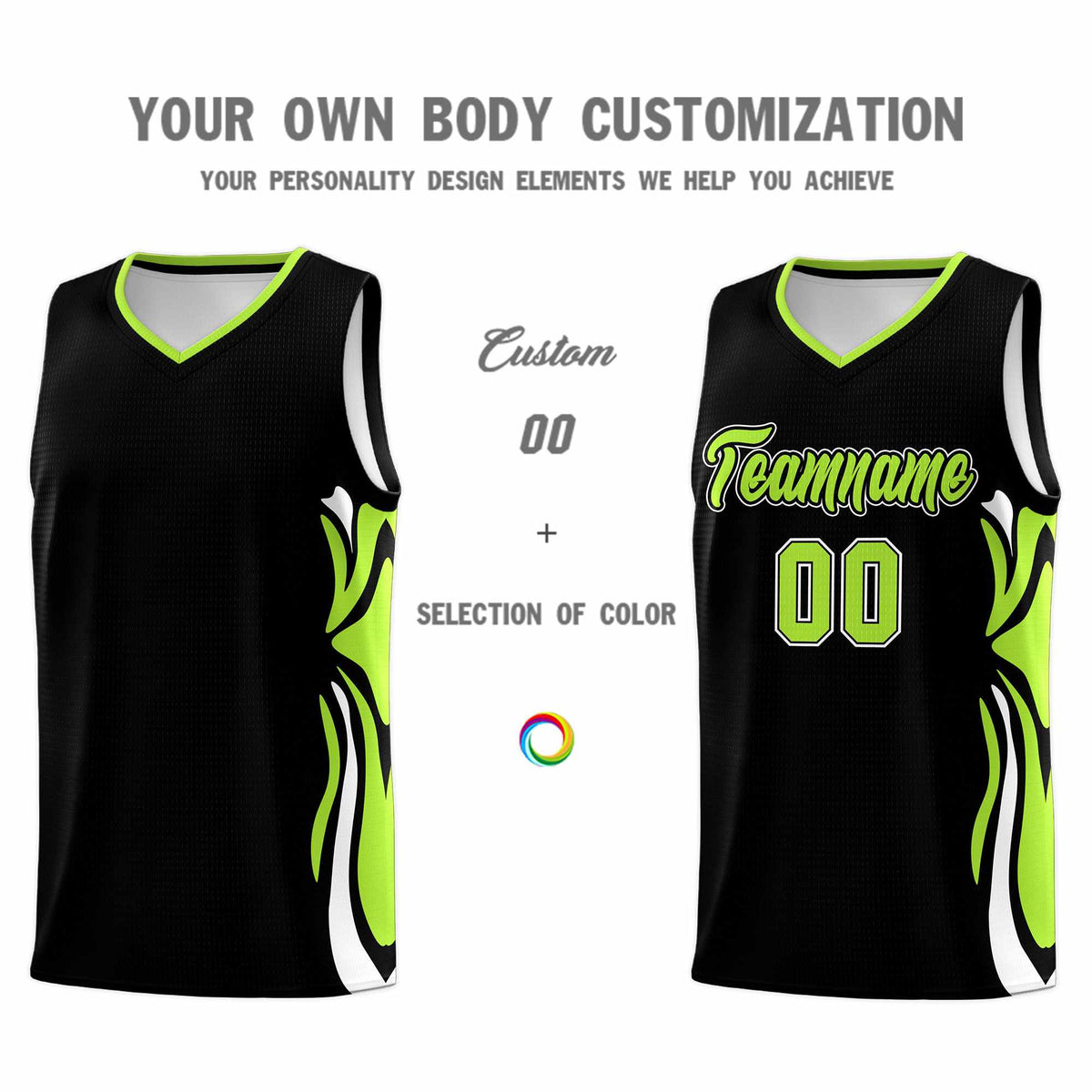 Custom Black Light Green-White Graffiti Pattern Side Curve Pattern Sports Uniform Basketball Jersey Sets