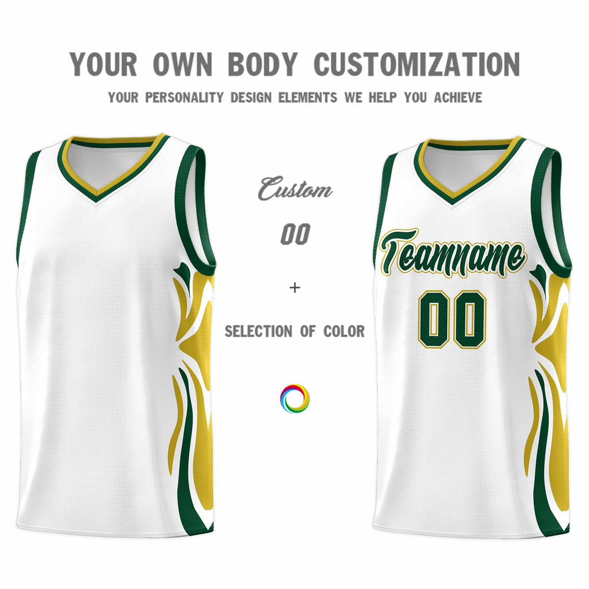Custom White Green-Old Gold Graffiti Pattern Side Curve Pattern Sports Uniform Basketball Jersey Sets