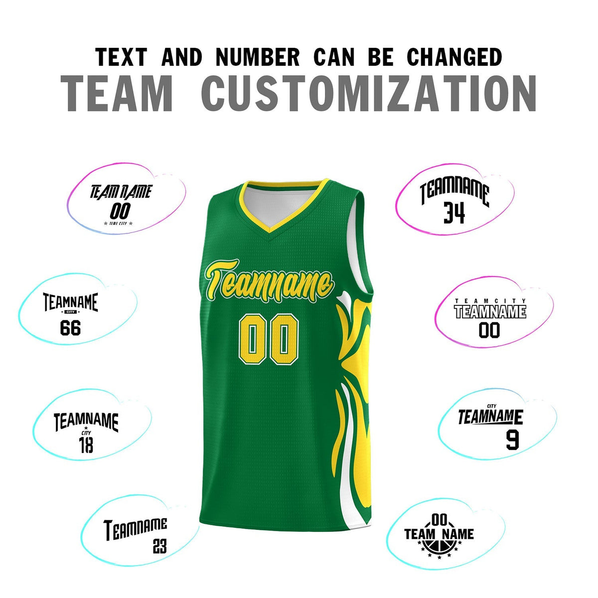 Custom Kelly Green Gold-White Graffiti Pattern Side Curve Pattern Sports Uniform Basketball Jersey Sets