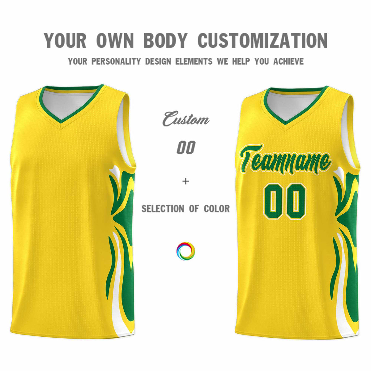 Custom Gold Kelly Green-White Graffiti Pattern Side Curve Pattern Sports Uniform Basketball Jersey Sets