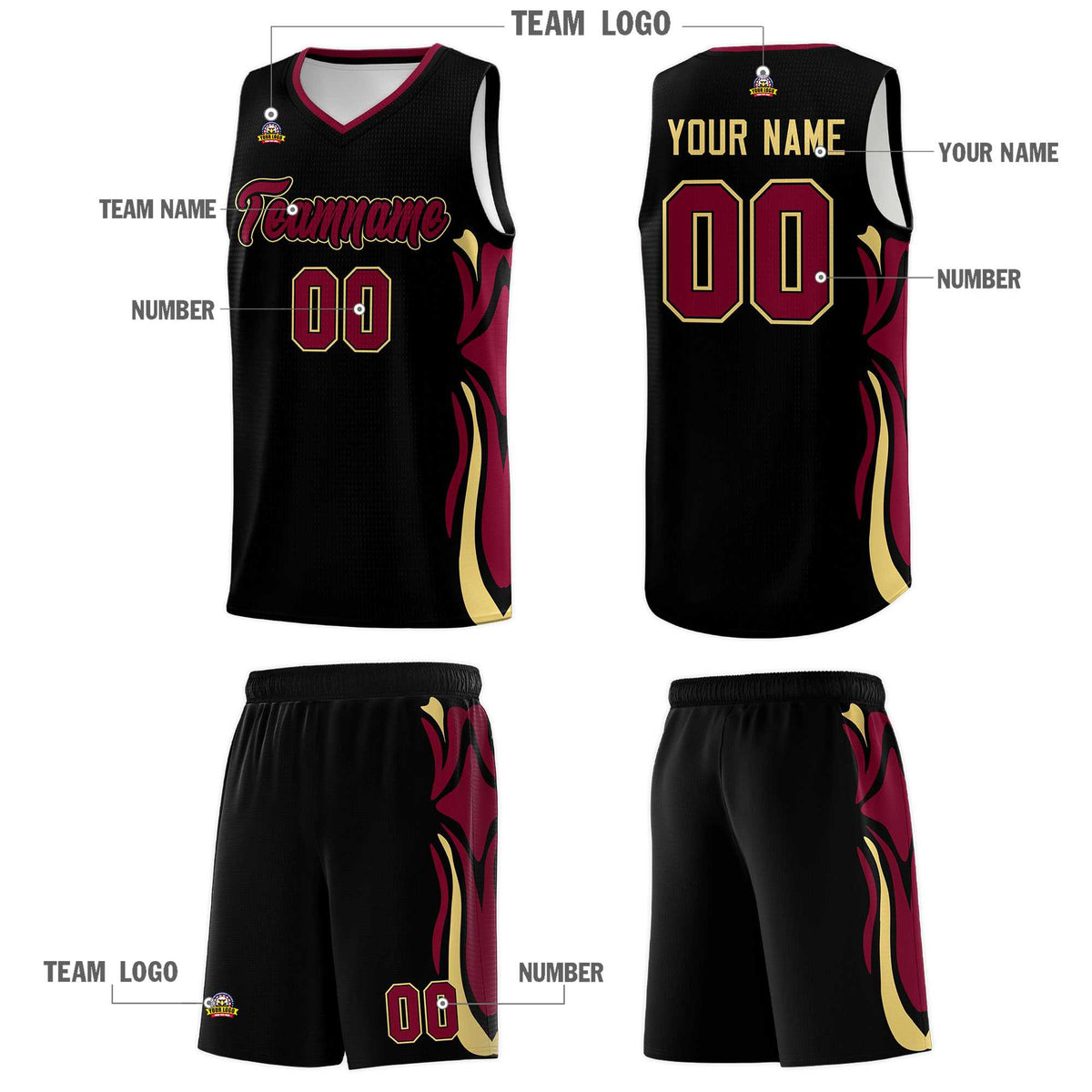 Custom Black Crimson-Khaki Graffiti Pattern Side Curve Pattern Sports Uniform Basketball Jersey Sets