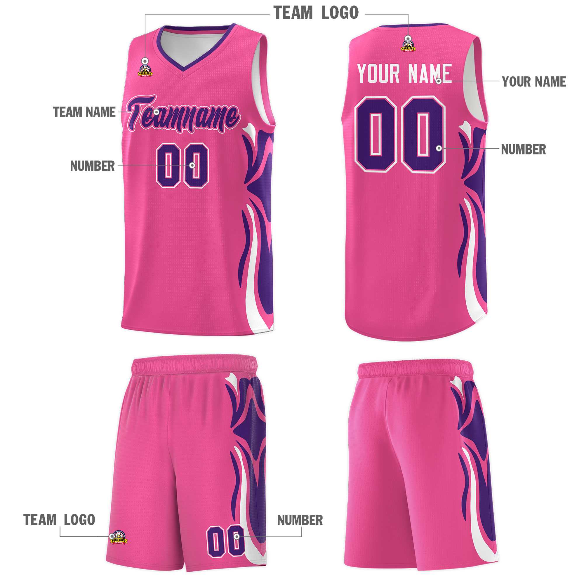 Custom Pink Purple-White Graffiti Pattern Side Curve Pattern Sports Uniform Basketball Jersey Sets