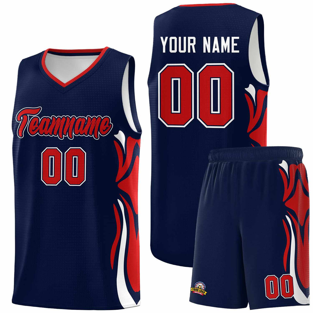 Custom Navy Red-White Graffiti Pattern Side Curve Pattern Sports Uniform Basketball Jersey Sets