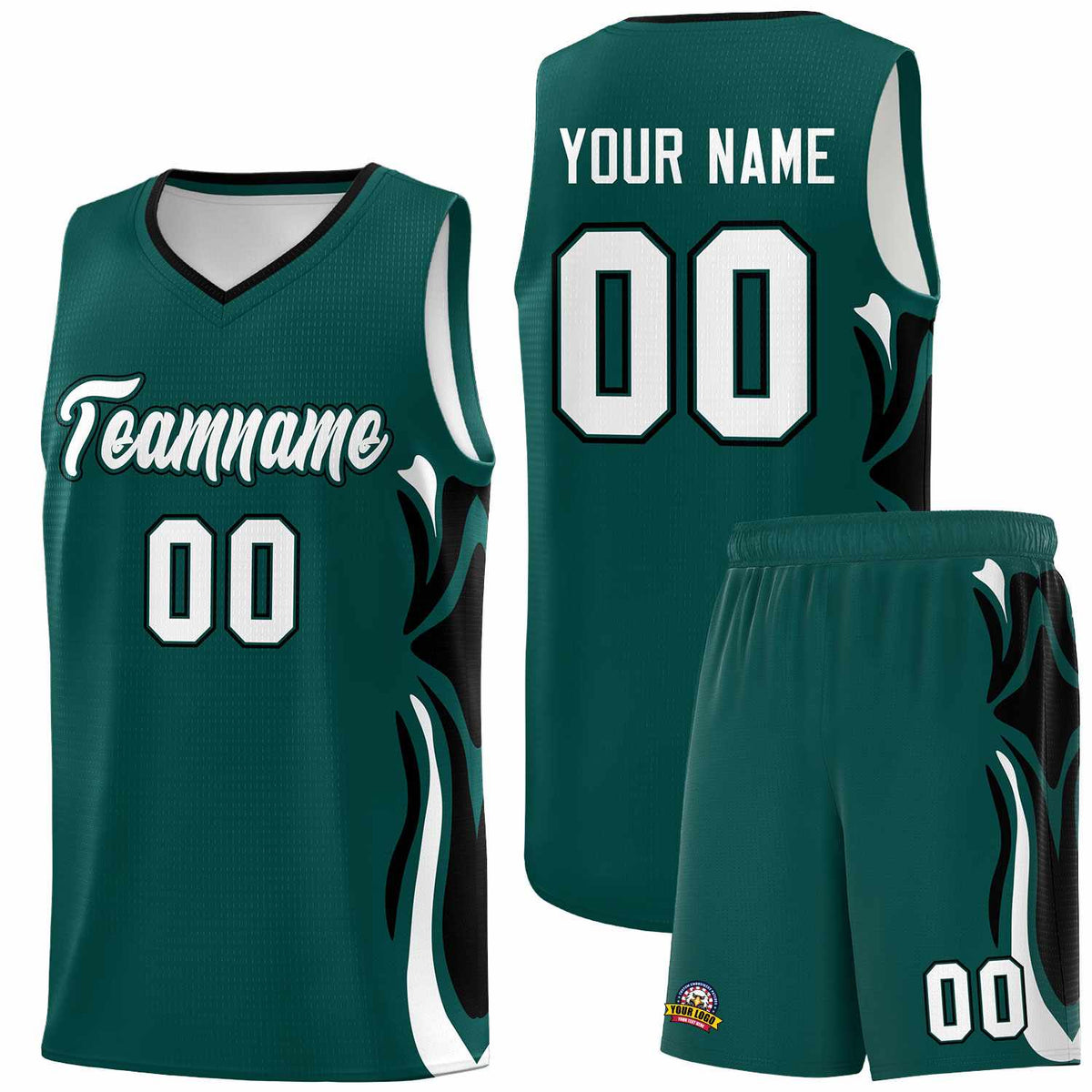 Custom Midnight Green White-Black Graffiti Pattern Side Curve Pattern Sports Uniform Basketball Jersey Sets