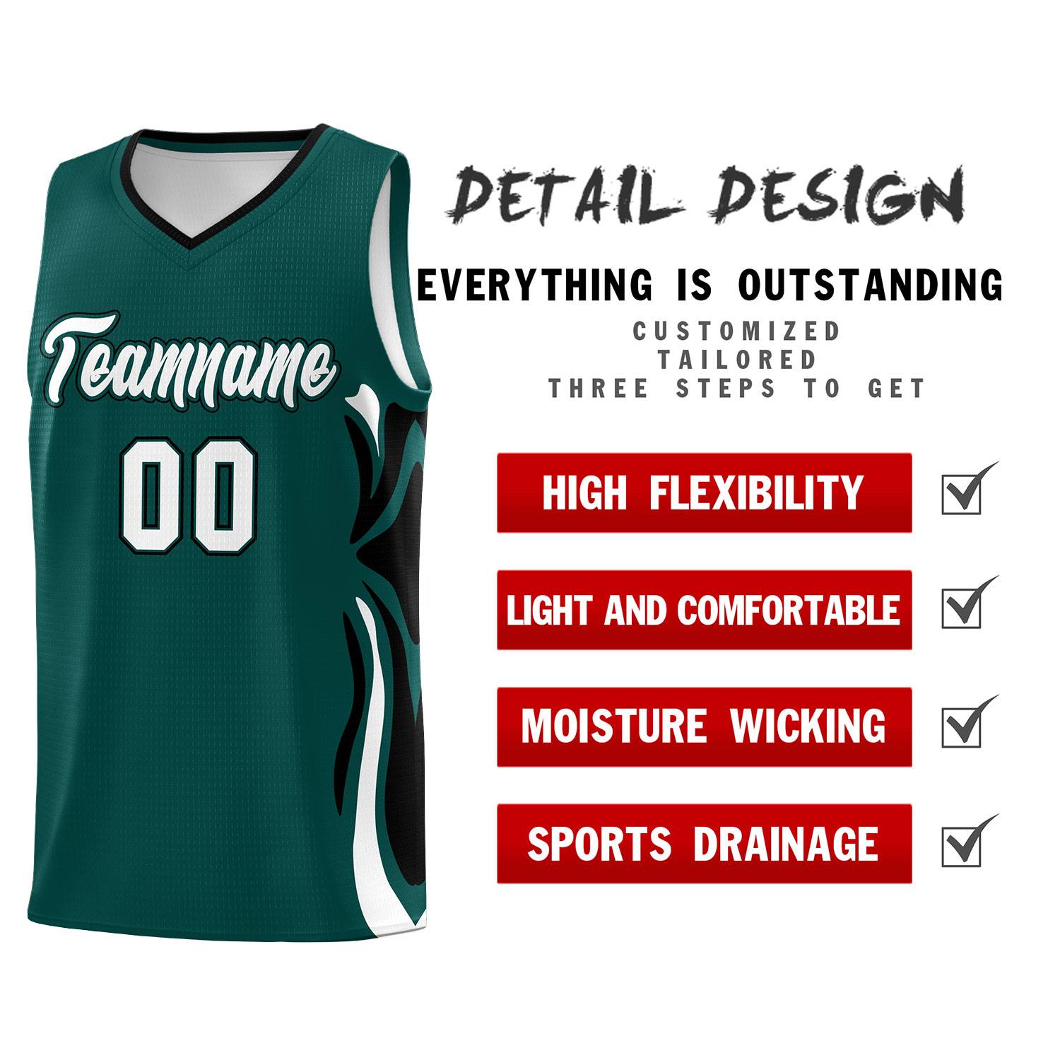 Custom Midnight Green White-Black Graffiti Pattern Side Curve Pattern Sports Uniform Basketball Jersey Sets