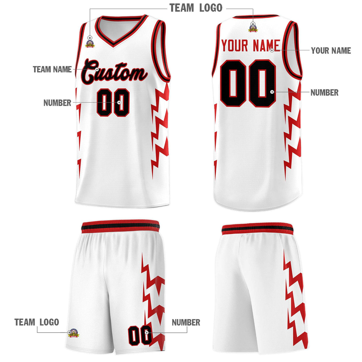 Custom White Side Lightning Pattern Sports Uniform Basketball Jersey