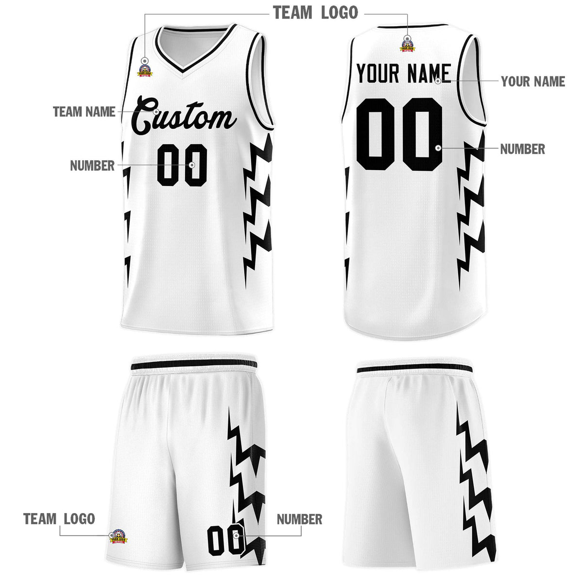 Custom White Side Lightning Pattern Sports Uniform Basketball Jersey