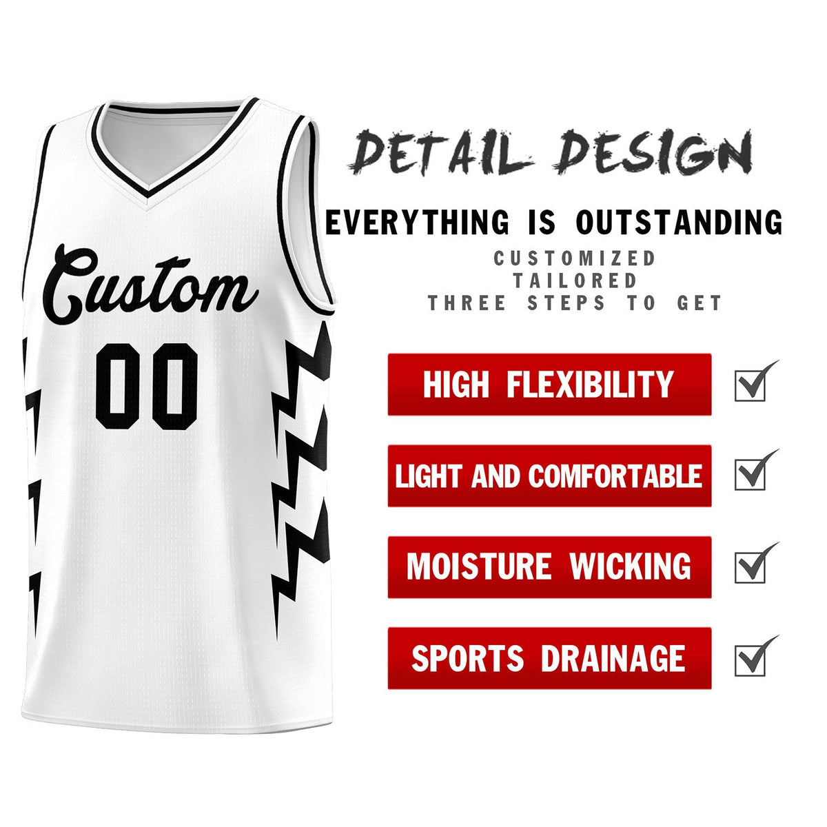 Custom White Side Lightning Pattern Sports Uniform Basketball Jersey