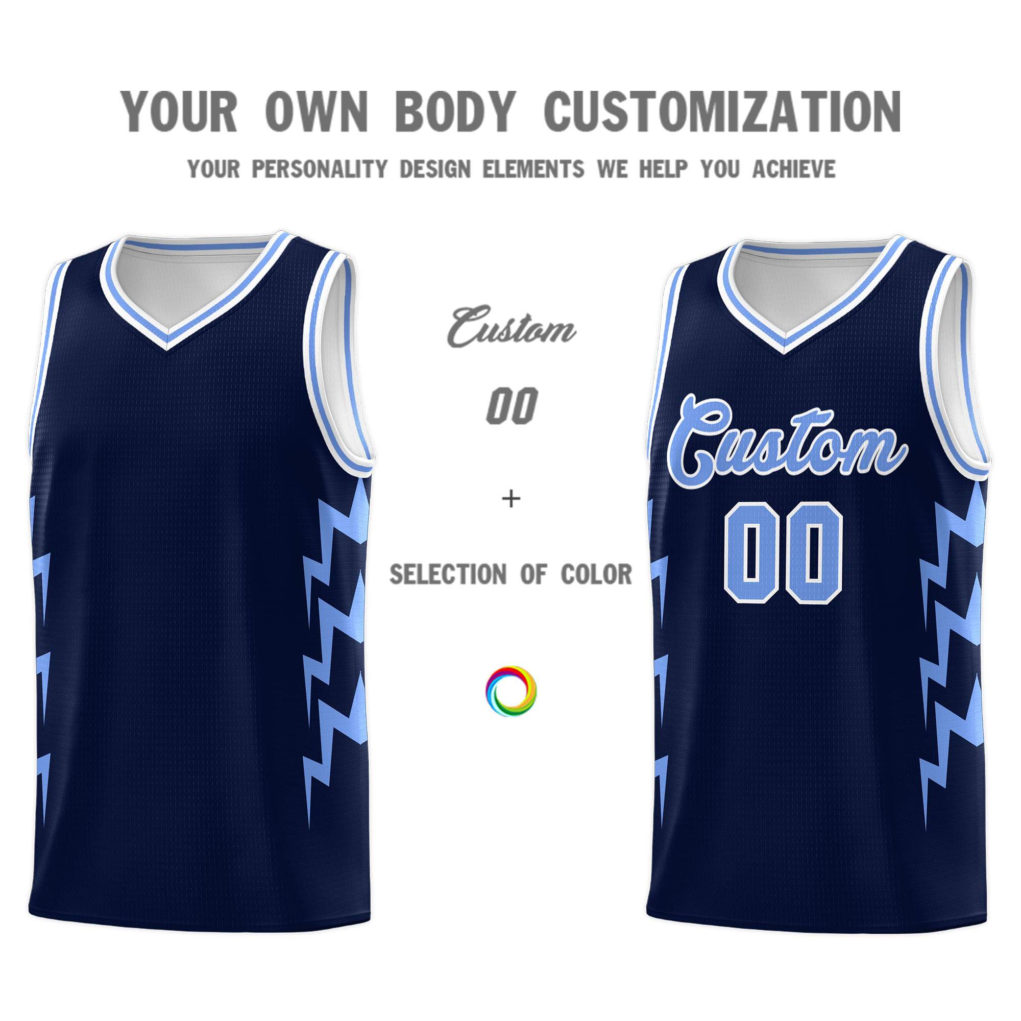 Custom Navy Side Lightning Pattern Sports Uniform Basketball Jersey