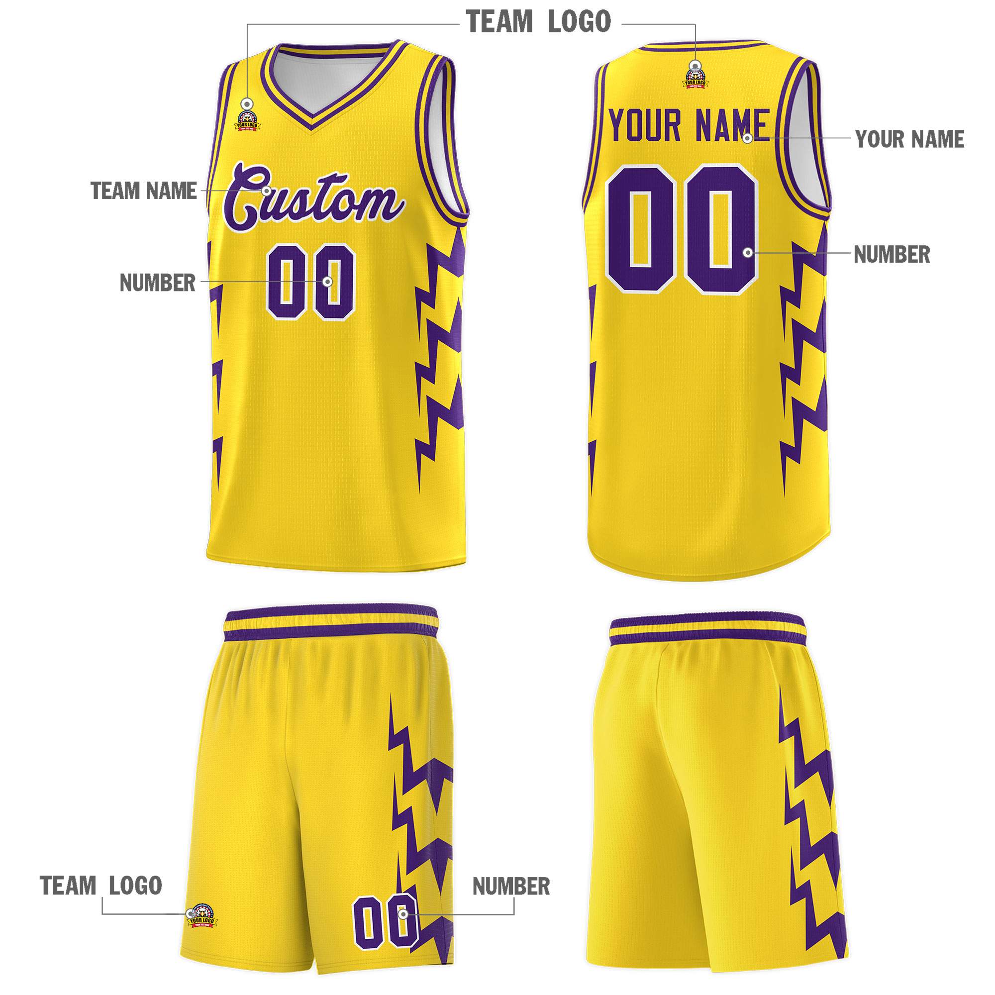 Custom Gold Side Lightning Pattern Sports Uniform Basketball Jersey