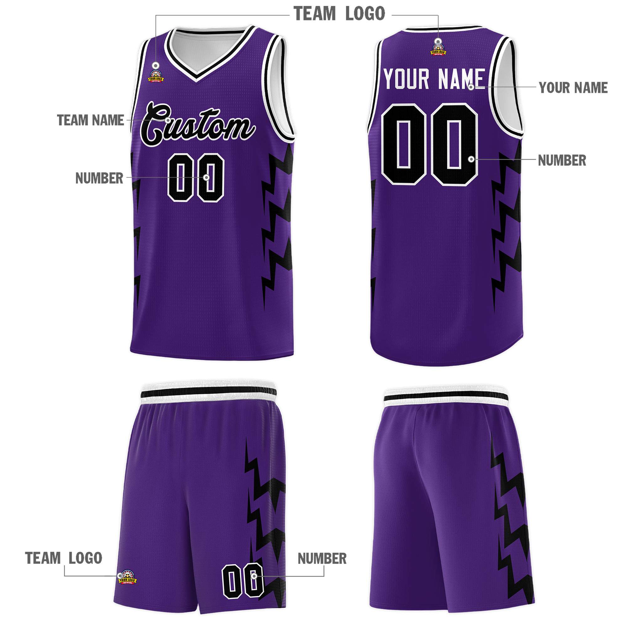 Custom Purple Side Lightning Pattern Sports Uniform Basketball Jersey
